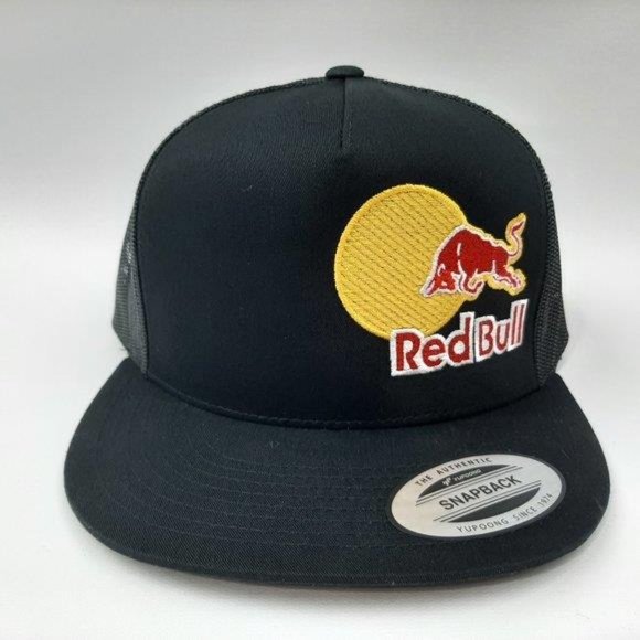Red Bull Flat Bill Mesh Trucker Snapback Cap Hat Black Embroidered Racing F1 - Picture 2 of 4